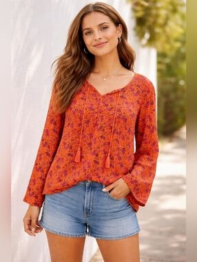 Old Navy Orange Floral Tie-Front Boho Tunic